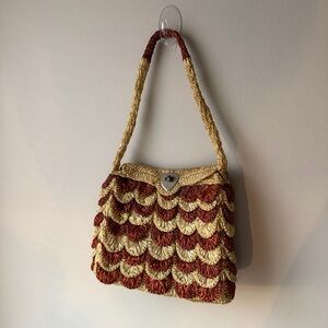 Vintage Crochet Shell Pattern Brown and Tan Woven Raffia Straw Handbag